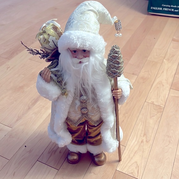 santa dressed in white Professional Claus Long Suit (Full Suit) pom and coordinating boot tops. 28" White Winter Standing Santa